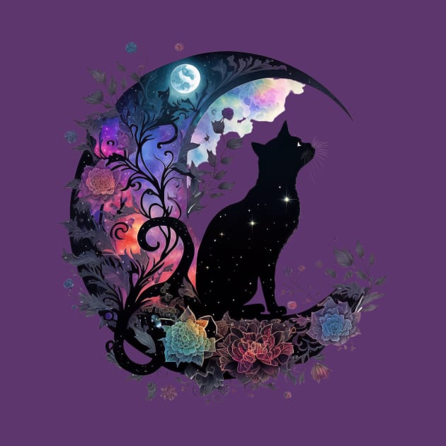 Mystical Black Cat & Moon by SandiTyche