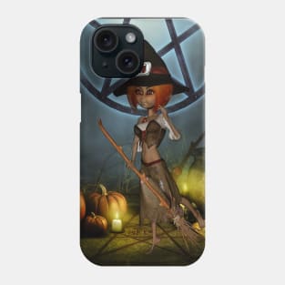 Cute little witch with pumpkin in the night Phone Case