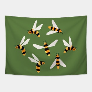 Friendly Gouache Bees on Forest Green - Scandi Tapestry