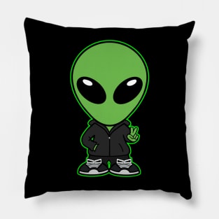 Space Alien Extraterrestrial Peace Hand Sign (Green) Pillow