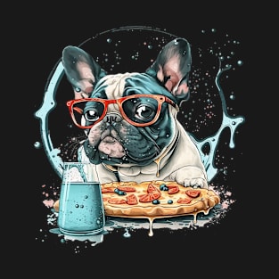 French Bulldog Wearing Glasses Eating Pizza T-Shirt