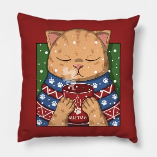 Cute Tabby Cat Drinking Coffee On Christmas Pillow