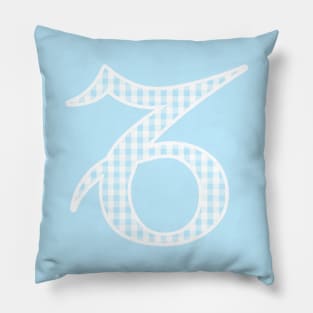 Capricorn Zodiac Horoscope Symbol in Pastel Blue and White Gingham Pattern Pillow