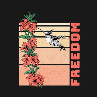 Humming Bird with Flowers Retro Sunset (Red) T-Shirt