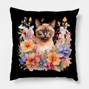 A burmese cat decorated with beautiful watercolor flowers Pillow