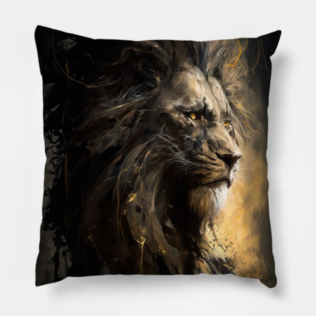 Lion Portrait Animal Nature Wildlife Dark Painting Wild Spirit Pillow by Cubebox