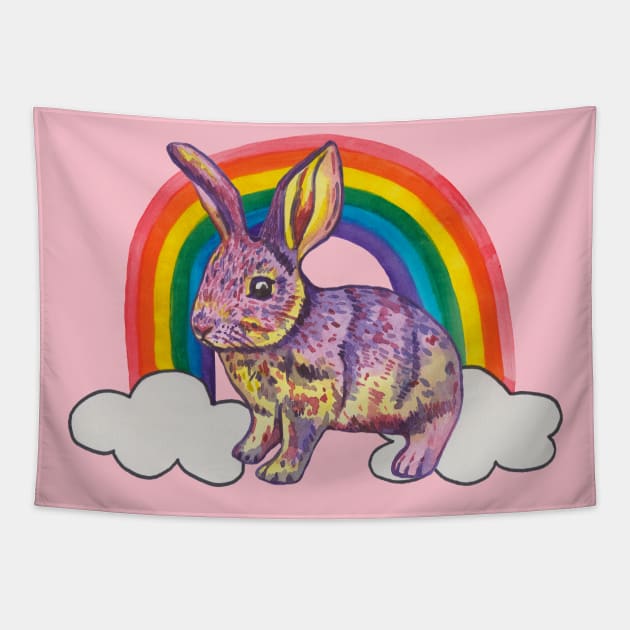 Bunny rabbit with rainbow and clouds Tapestry by deadblackpony