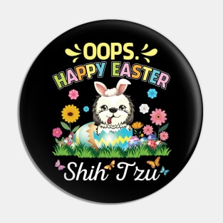 Shih Tzu Dog Bunny Costume Playing Flower Eggs Happy Easter Pin