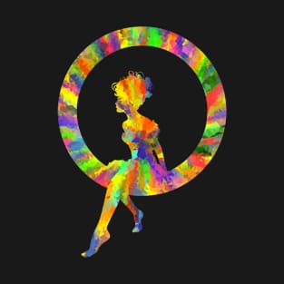 Silhouette of fairy sitting on a ring in prismatic colourful design 2 T-Shirt