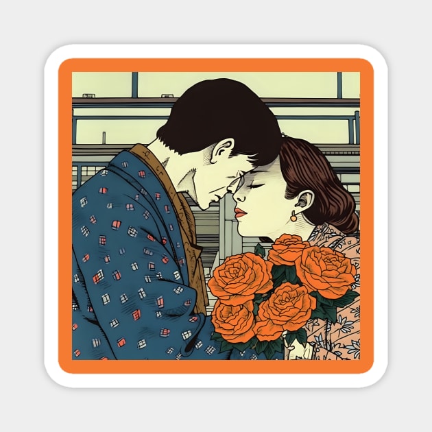 Cartoon Couple Kissing and holding Flowers Magnet by KOTYA