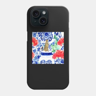 Cheetah and chinoiserie jars in blue and red Phone Case