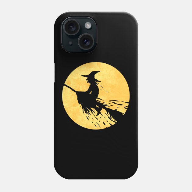 Witch On A Broom Flying In Front Of The Moon On Halloween Phone Case by SinBle