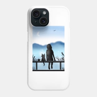 Blue peace - A girl and her cat calmly watching the sky Phone Case