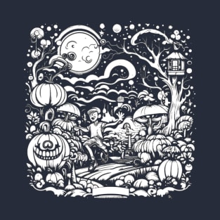 White Night of Trippy Dreamscape Pumpkin Forest, Halloween T-Shirt