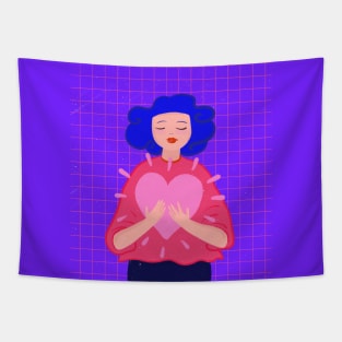 Blue hair girl with big pink heart Tapestry