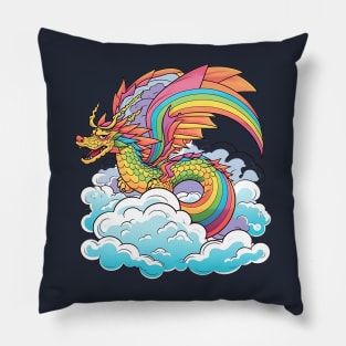 Rainbow Dragon on Clouds Pillow