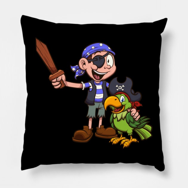 Pirate Kid And Parrot Pillow by TheMaskedTooner