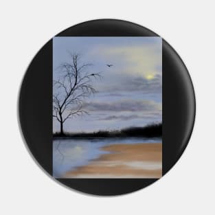 Cloudy beach scene with lone tree and nesting birds Pin