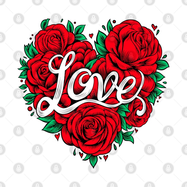 Love hand lettering with red roses in heart shape by ilhnklv