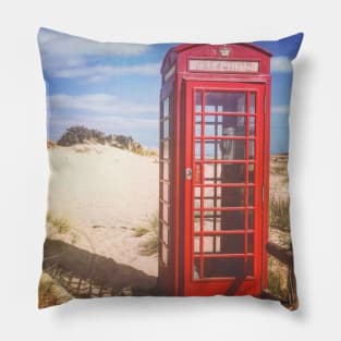 Red phone box on the beach Pillow