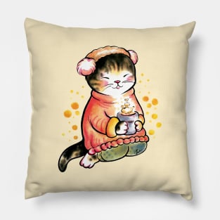 Cat with sweet hot drink Pillow