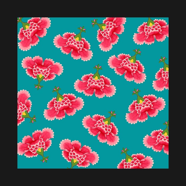 Chinese Vintage Pink and Red Flowers with Teal Blue - Hong Kong Traditional Floral Pattern by CRAFTY BITCH