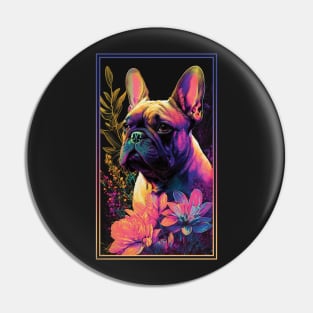 French Bulldog Dog Vibrant Tropical Flower Tall Digital Oil Painting Portrait Pin