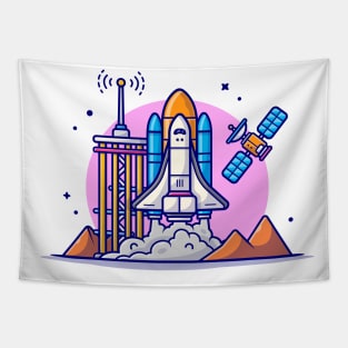 Space Shuttle Taking Off with Tower, Satellite and Mountain Cartoon Vector Icon Illustration Tapestry