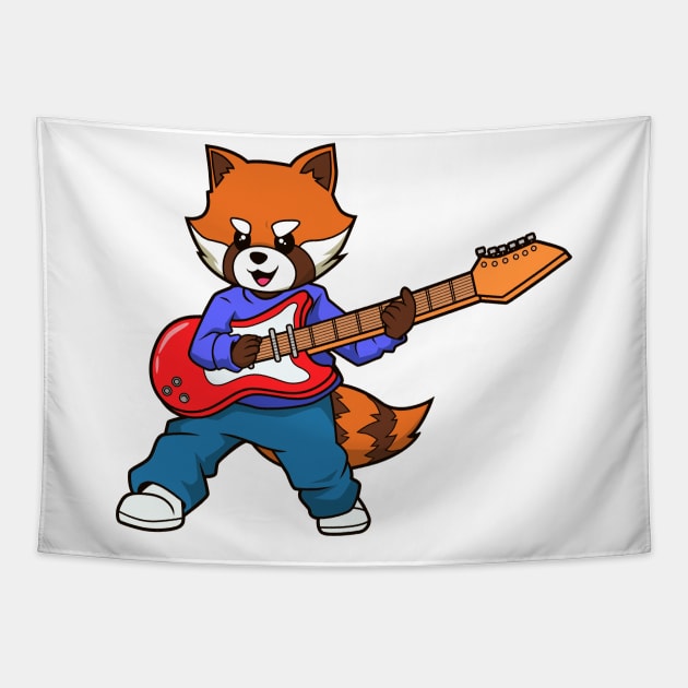 Comic red panda playing electric guitar Tapestry by Modern Medieval Design