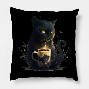 Black Cat Drinking Coffee, Coffee Cat Lover Pillow