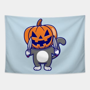 Cute Cat Wearing Pumpkin Halloween with Knife Cartoon Tapestry