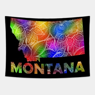 Colorful mandala art map of Montana with text in multicolor pattern Tapestry