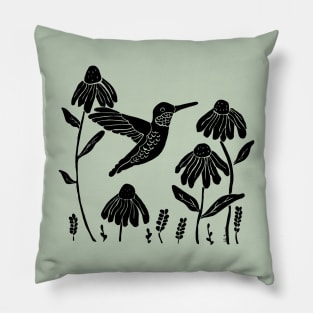 Linocut hummingbird and flowers Pillow