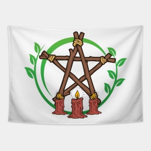 Wooden pentagram with candles Tapestry