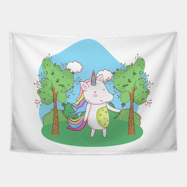 Cute Little Unicorn Standing In A Field Tapestry by Vegan Squad