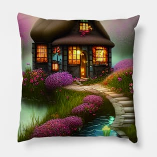 Sparkling Fantasy Cottage with Lights and Glitter Background in Forest, Scenery Nature Pillow