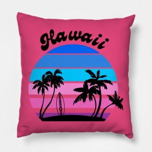 Hawaii - Sunset Scene - Surfboard and Palm Trees Pillow