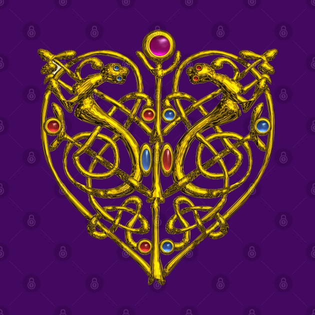 HYPER VALENTINE / GOLD CELTIC KNOT HEART WITH LIZARDS IN PURPLE by BulganLumini