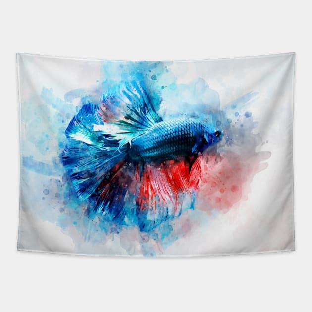 Blue and Red Betta Fish watercolor Tapestry by SPJE Illustration Photography