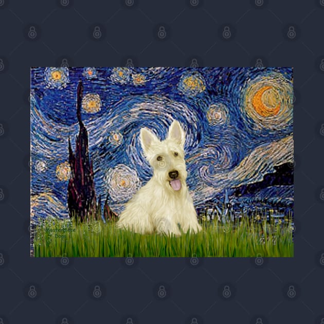 Starry Night Adapted to Feature a Scottish Terrier (cream or white) by Dogs Galore and More