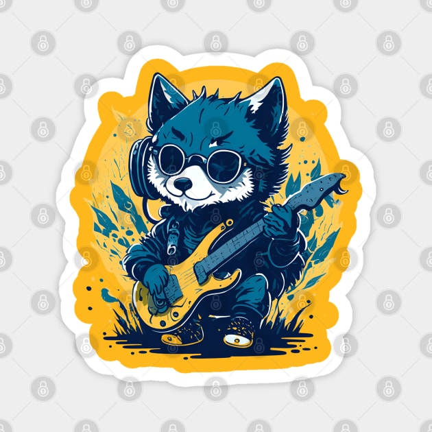 Quirky baby wolf playing electric guitar Magnet by Quote'x