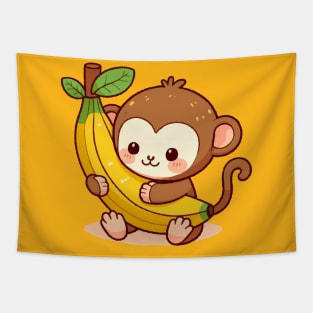 cute cartoon baby monkey hugs banana Tapestry