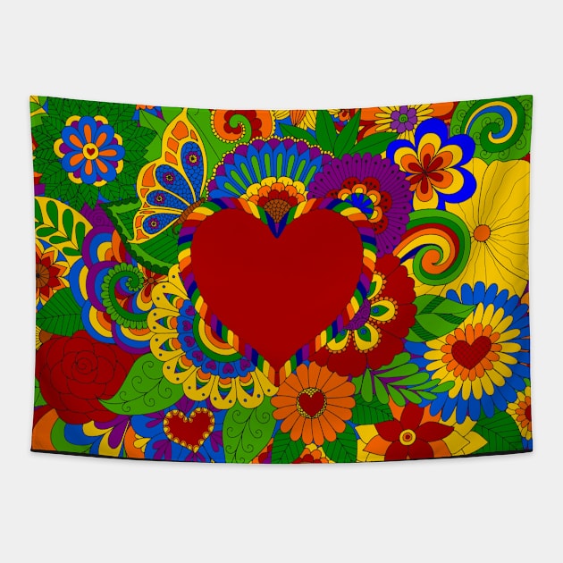 Rainbow Love and Flowers Tapestry by AlondraHanley