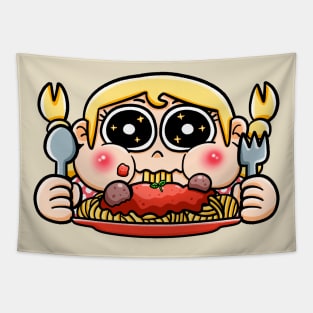 Girl eating spaghetti and meatballs Tapestry