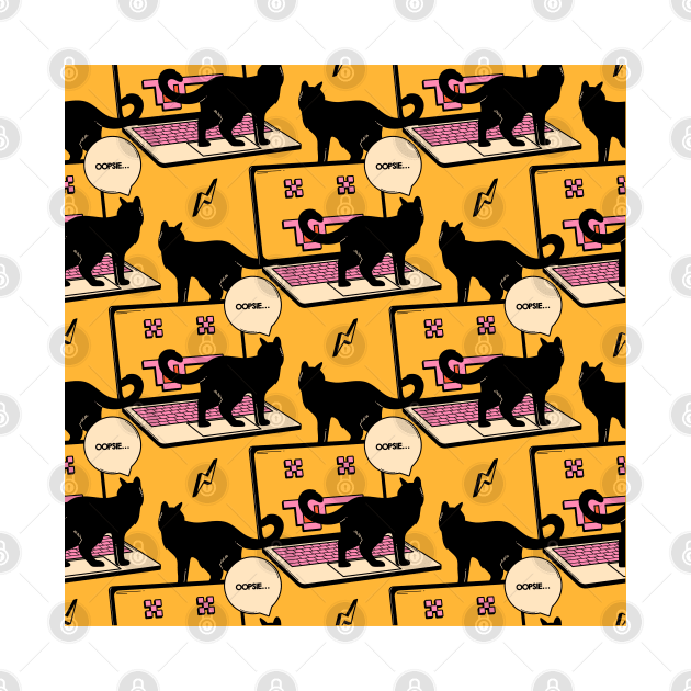 404 Error Laptop Black Cat Pattern in yellow by The Charcoal Cat Co.