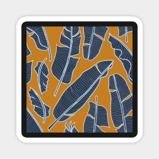 Banana leaves navy on ochre Magnet