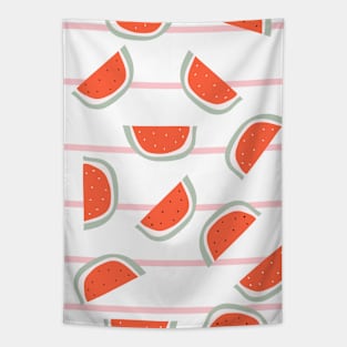 Red watermelon slice with bones design on striped pink background Tapestry