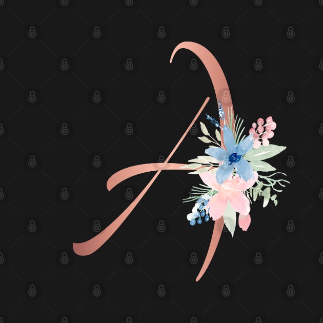 Letter A Rose Gold and Watercolor Blush Pink and Navy by Harpleydesign