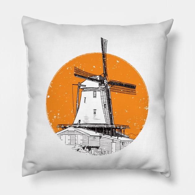 Windmill in orange circle Pillow by StefanAlfonso