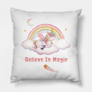 Believe In Magic Cute Unicorn With Rainbow, Clouds, And Stars Pillow